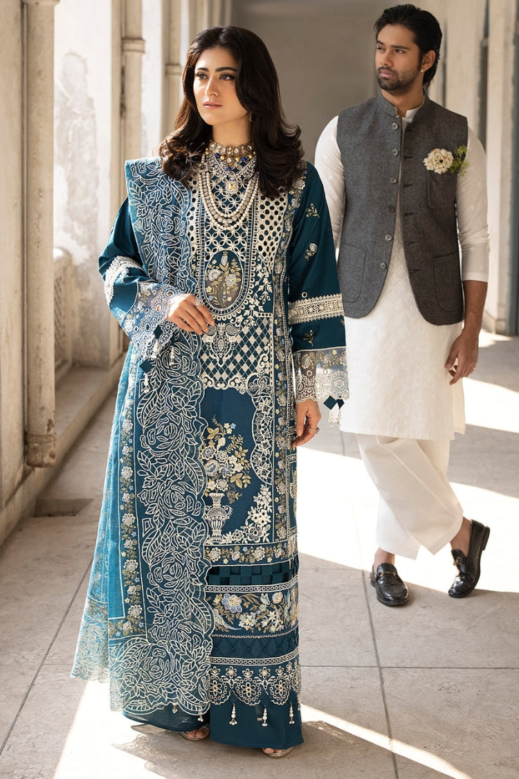 MAHNUR-3PC DHANAK EMBROIDERED SHIRT WITH DHANAK EMBROIDERED SHAWL AND TROUSER-W.J-5128