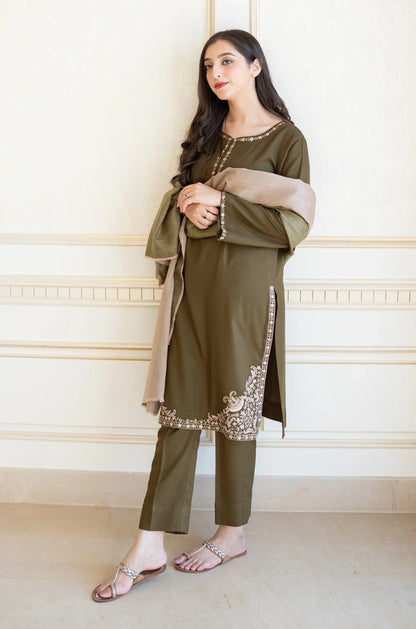 AISLING-3PC DHANAK EMBROIDERED SHIRT WITH COURTRAI PRINTED SHAWL & TROUSER-W.J-1207
