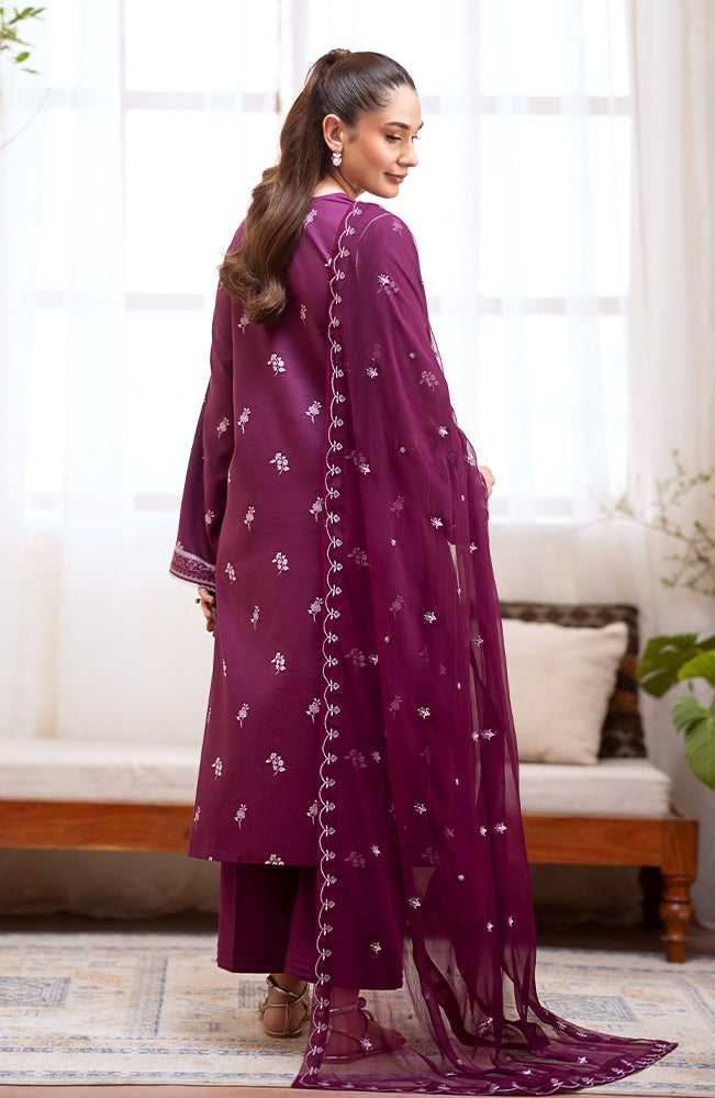 SERAN-3PC DHANAK EMBROIDRED SHIRT WITH DHANAK EMBROIDRED SHAWL AND TROUSER-W.J-1110