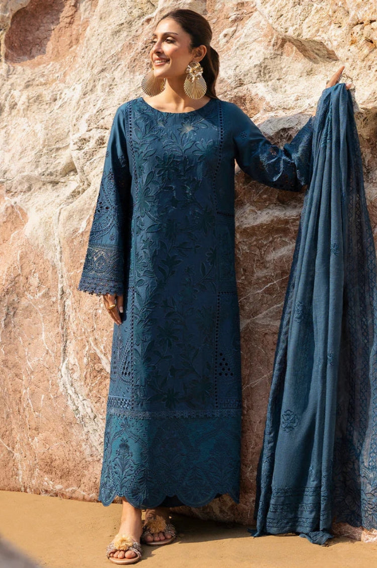 MAHNUR-3PC DHANAK LASER WORK EMBROIDERED SHIRT WITH DHANAK EMBROIDERED SHAWL AND TROUSER -W.J-5117