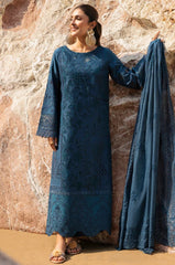 MAHNUR-3PC DHANAK LASER WORK EMBROIDERED SHIRT WITH DHANAK EMBROIDERED SHAWL AND TROUSER -W.J-5117