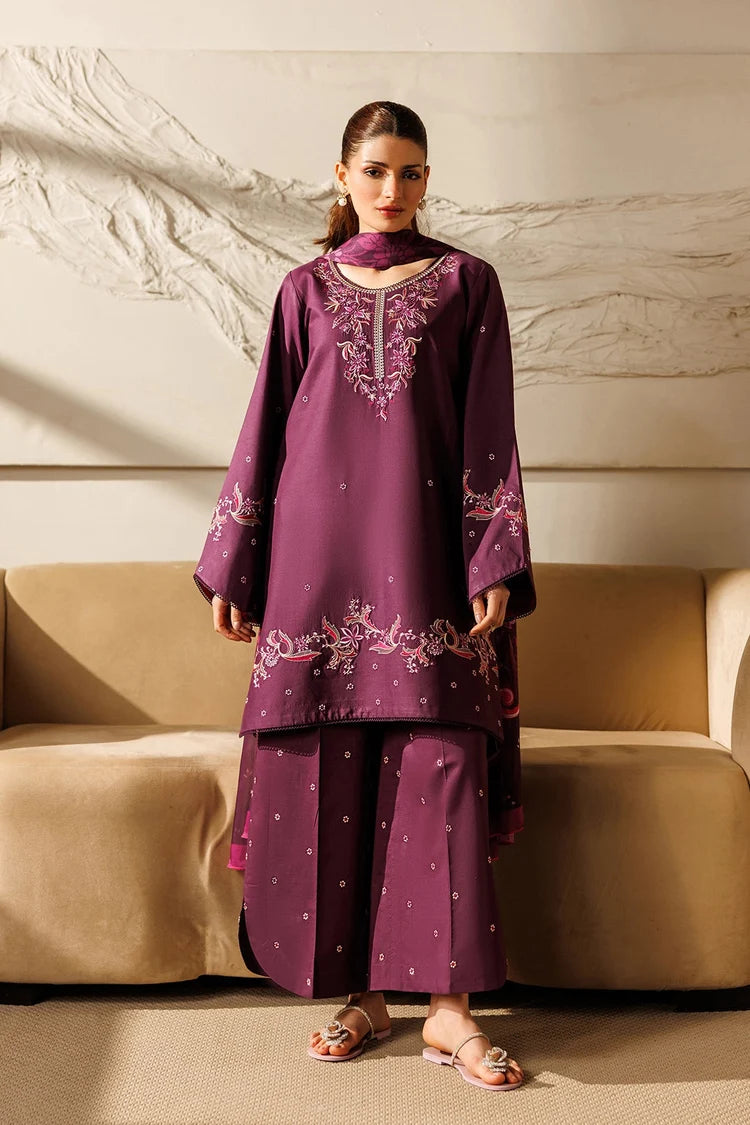IZNIK-3PC DHANAK EMBROIDERED SHIRT WITH WOOL PRINTED SHAWL AND TROUSER-W.J-5078