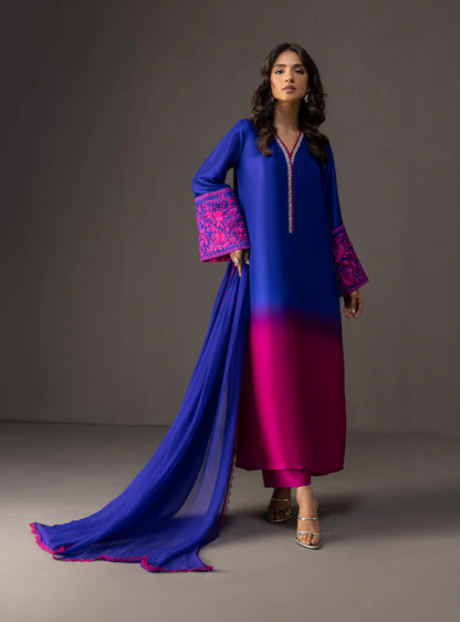 ZAINAB CHOTTANI-3PC SHAMOZE SILK PRINTED EMB SHIRT WITH SOFT SILK PRINTED DUPATTA & TROUSER -W.J-1961