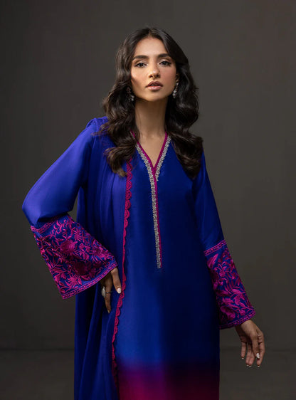 ZAINAB CHOTTANI-3PC SHAMOZE SILK PRINTED EMB SHIRT WITH SOFT SILK PRINTED DUPATTA & TROUSER -W.J-1961