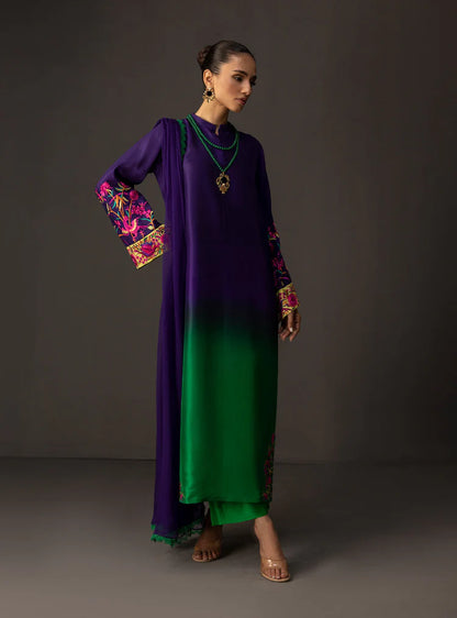 ZAINAB CHOTTANI-3PC SHAMOZE SILK PRINTED EMB SHIRT WITH SOFT SILK PRINTED DUPATTA & TROUSER-W.J-1962