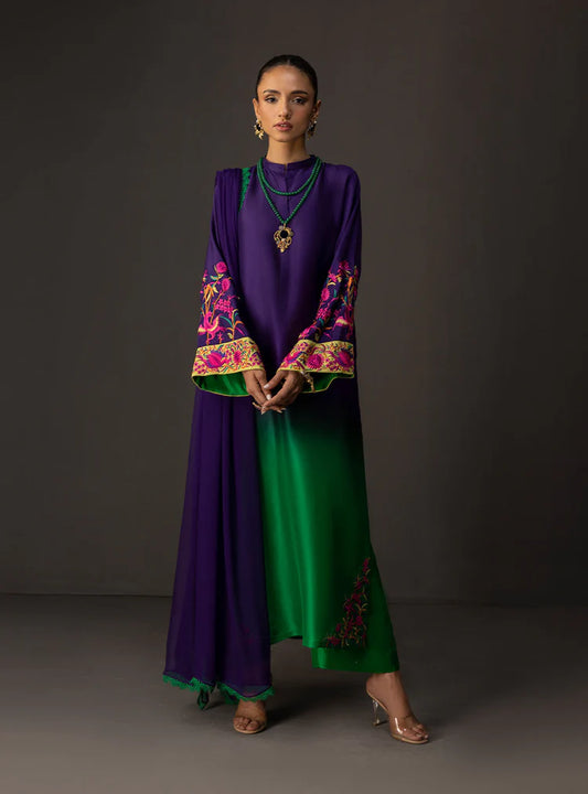 ZAINAB CHOTTANI-3PC SHAMOZE SILK PRINTED EMB SHIRT WITH SOFT SILK PRINTED DUPATTA & TROUSER-W.J-1962