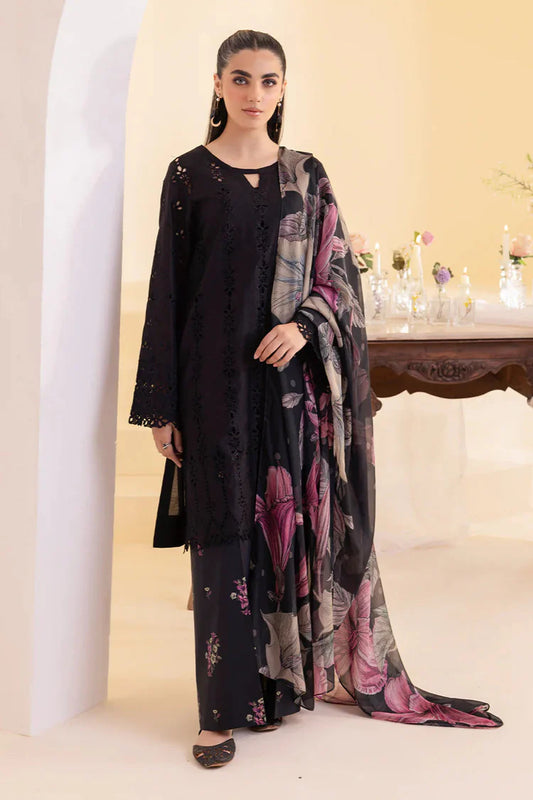 IZNIK-3PC DHANAK CHIKAN EMBROIDERED SHIRT WITH COURTRAI PRINTED SHAWL AND EMB TROUSER-W.J-2008