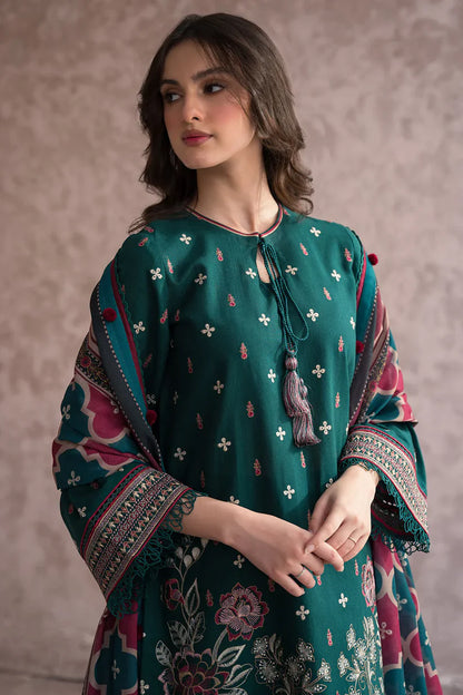 JAZMIN-3PC DHANAK EMBROIDERED WITH COUTRAI WOOL PRINT SHAWL & TROUSER -W.J-1788
