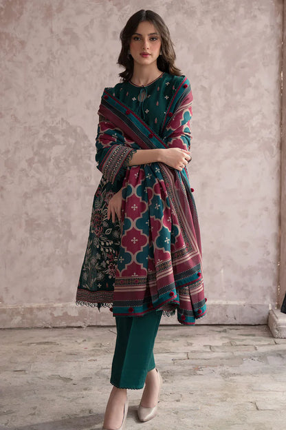 JAZMIN-3PC DHANAK EMBROIDERED WITH COUTRAI WOOL PRINT SHAWL & TROUSER -W.J-1788