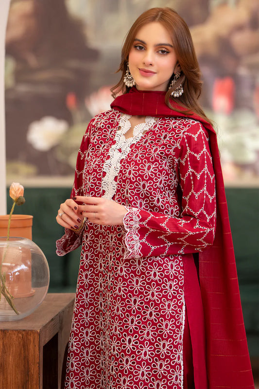 MIRAKHI-3PC LAWN CHIKENKARI EMBROIDERED SHIRT WITH LAWN TUBE SLUB DUPATTA-W.J-1693
