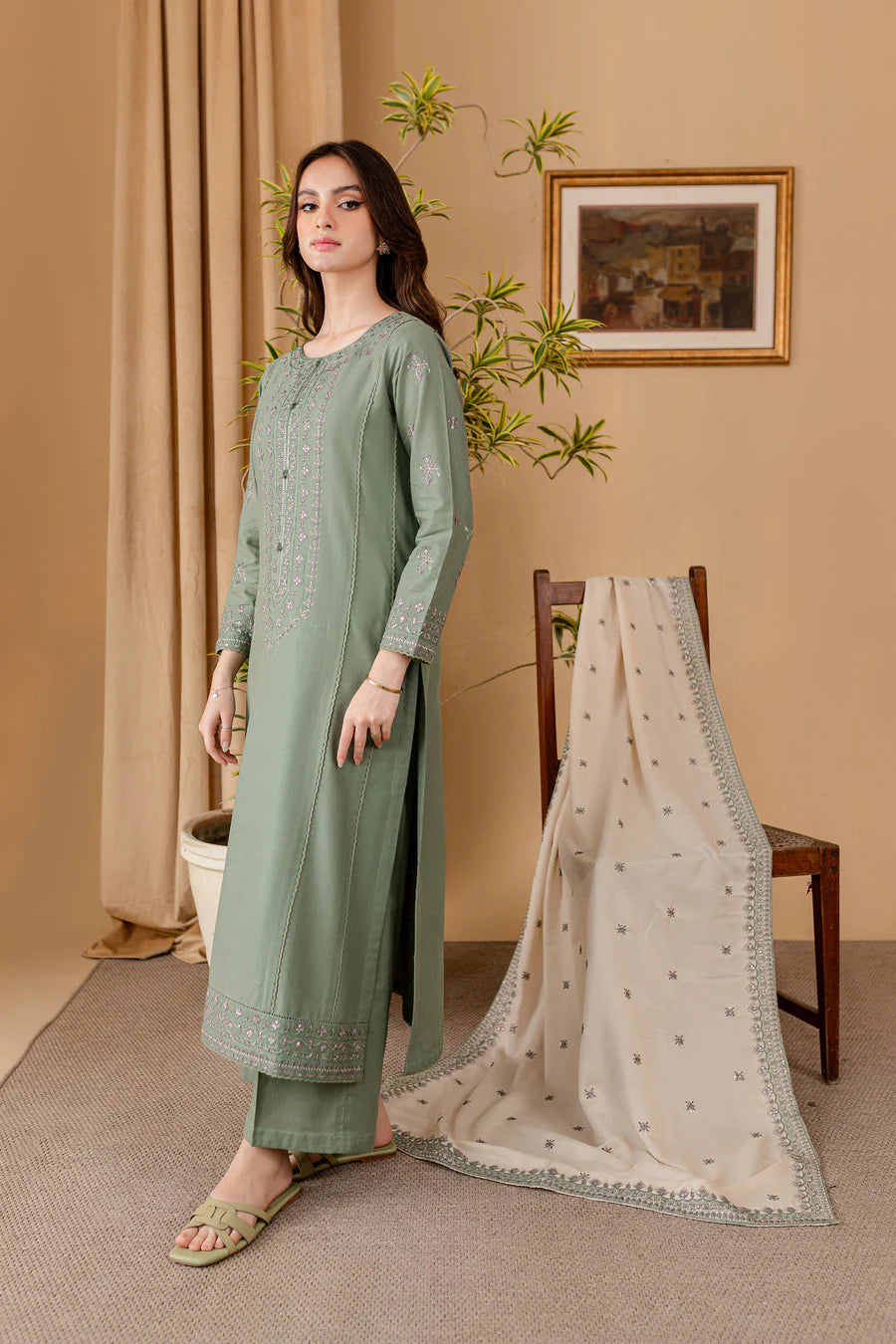 JAZMIN - 3PC DHANAK EMBROIDERED SHIRT WITH DHANAK SEQUENCE EMBROIDERED DUPATTA AND DHANAK TROUSER-W.J-1185