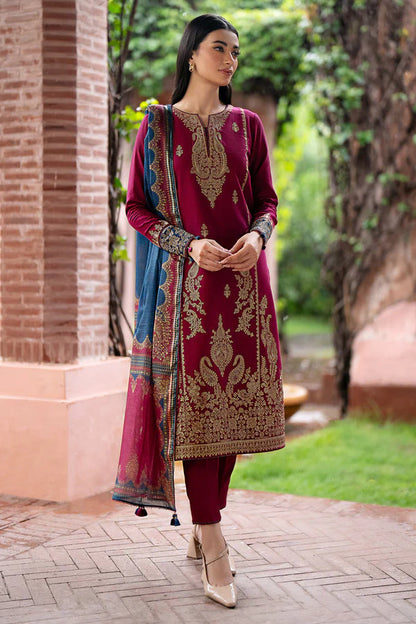 JAZMIN- 3PC DHANAK EMBROIDERED SHIRT WITH WOOL PRINT SHAWL AND TROUSER-W.J-1027