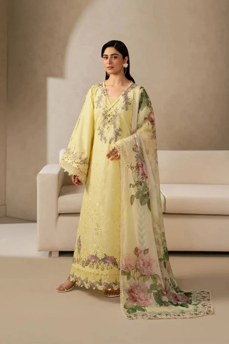 ELAF-3PC DHANAK EMBROIDERED SHIRT WITH COUTRAI PRINTED SHAWL AND TROUSER-W.J-5221