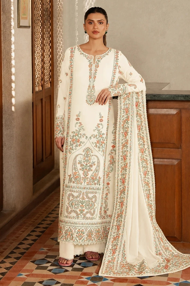 AFROZEH-3PC DHANAK EMBROIDERED SHIRT WITH DHANAK EMB SHAWL AND TROUSER-W.J-5208