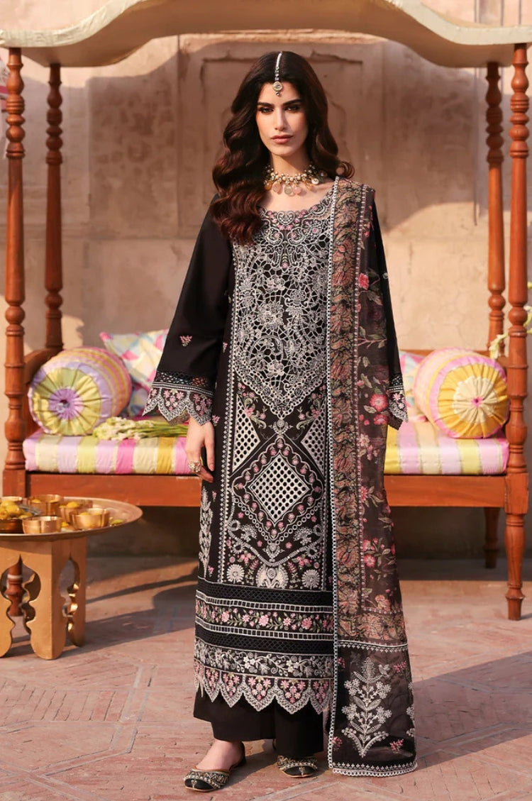 MAHNUR-3PC LAWN LASER WORK EMBROIDERED SHIRT WITH CHIFFON PRINTED EMBROIDERED DUPATTA AND TROUSER-W.J-4772