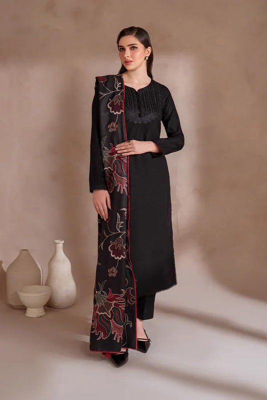 IZNIK-3PC DHANAK EMBROIDERED SHIRT WITH DHANAK EMBROIDERED SHAWL & TROUSER-W.J-1319