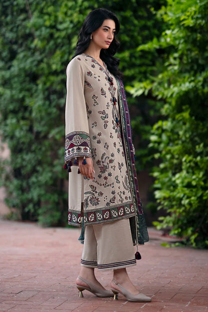 JAZMIN-3PC DHANAK EMBROIDRED SHIRT WITH WOOL PRINT SHAWL AND TROUSER-W.J-1085