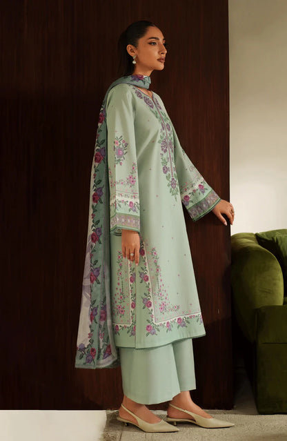 SERAN-3PC DHANAK EMBROIDERED SHIRT WITH COURTRAI PRINTED SHAWL & TROUSER-W.J-2043