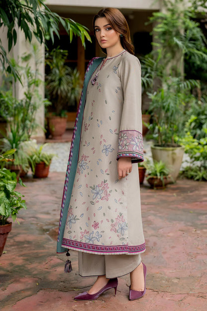 JAZMIN-3PC DHANAK EMBROIDRED SHIRT WITH WOOL PRINT SHAWL AND TROUSER-W.J-1003