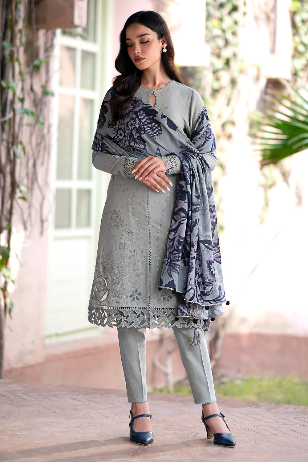 JAZMIN-3PC LAWN EMBROIDRED SHIRT WITH MONARK PRINT DUPATTA AND TROUSER-W.J-1536