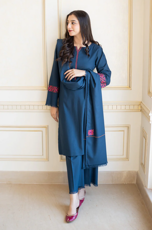 AISLING-3PC DHANAK EMBROIDERED SHIRT WITH DHANAK EMBROIDERED SHAWL & TROUSER-W.J-1791