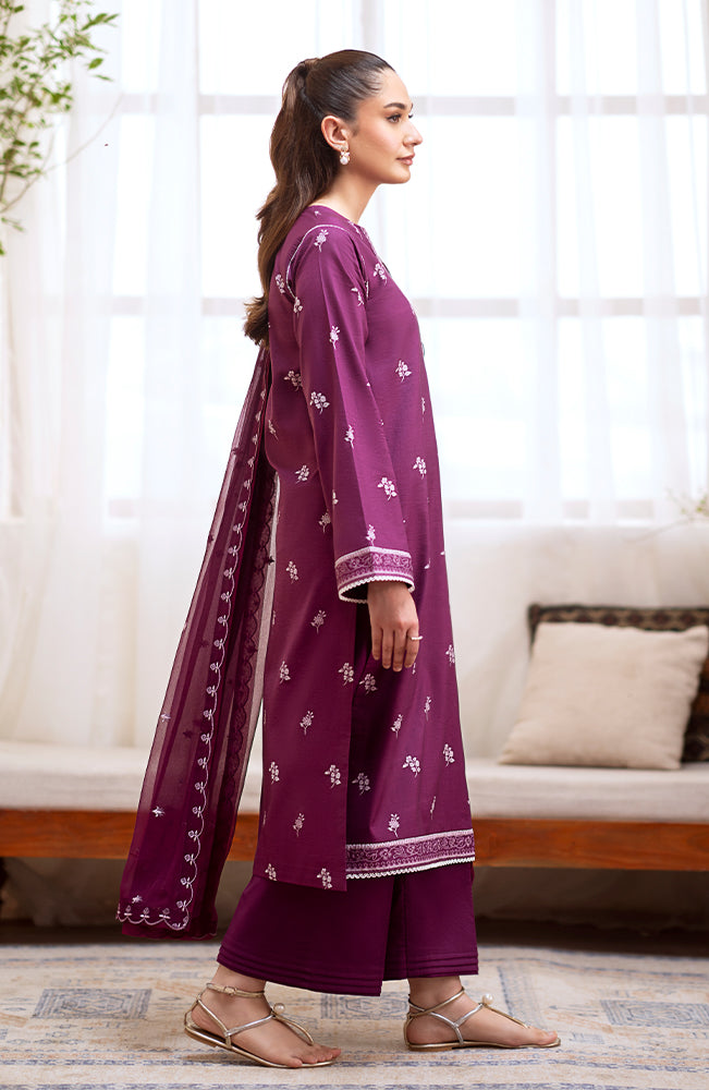 SERAN-3PC DHANAK EMBROIDRED SHIRT WITH DHANAK EMBROIDRED SHAWL AND TROUSER-W.J-1110