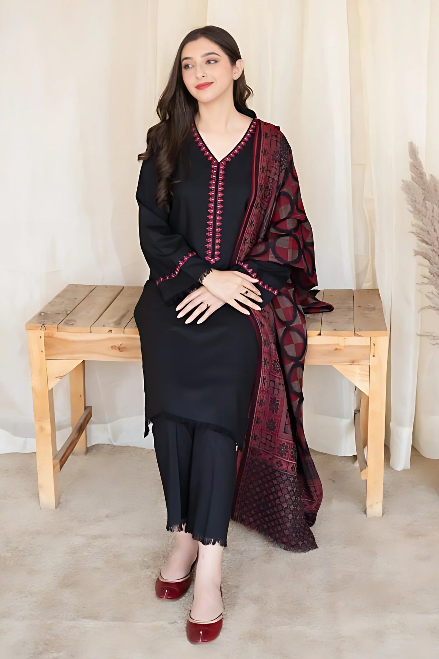 ASLING 3PC DHANAK EMBROIDERED WITH WOOL PRINT SHAWL-W.J-1205