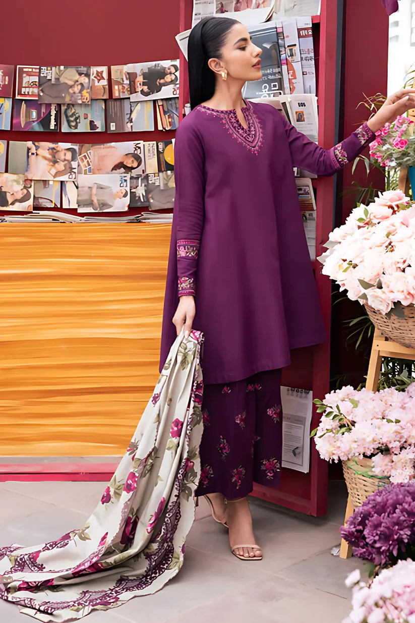 SAPPHIRE - 3PC DHANAK EMBROIDERED SHIRT WITH DHA COUTURE WOOL PRINT SHAWL AND TROUSER-W.J-1389