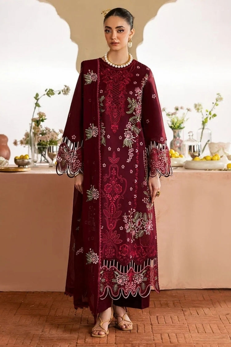 MAHNUR-3PC DHANAK EMBROIDERED SHIRT WITH DHANAK EMBROIDERED SHAWL AND TROUSER-W.J-5277