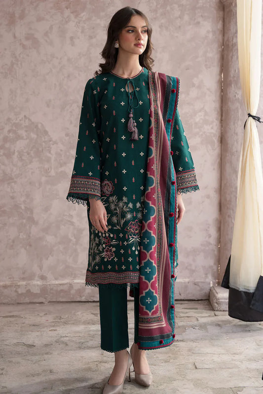 JAZMIN-3PC DHANAK EMBROIDERED WITH COUTRAI WOOL PRINT SHAWL & TROUSER -W.J-1788