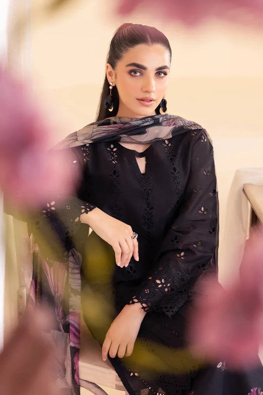 IZNIK-3PC DHANAK CHIKAN EMBROIDERED SHIRT WITH COURTRAI PRINTED SHAWL AND EMB TROUSER-W.J-2008