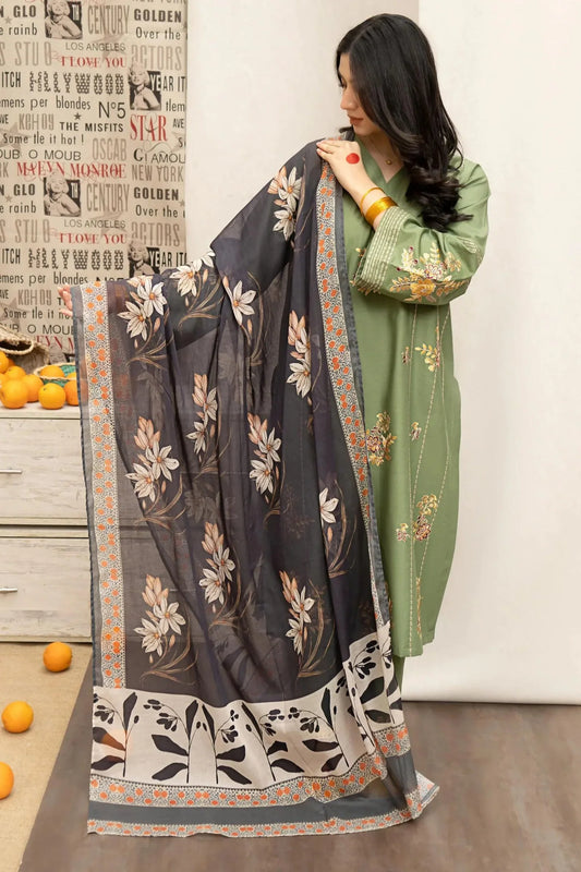 URGE- 3PC DHANAK EMBROIDERED SHIRT WITH COUTURE PRINT SHAWL AND EMB TROUSER-W.J-1187