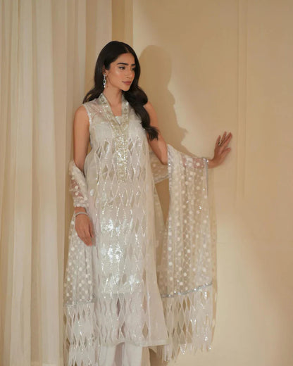 LAJ BY LAJWANTI-ORGANZA HAMNDMADE EMBLISHED EMBROIDERED FRONT SHIRT WITH ORGANZA EMBROIDERED READY TO WEAR DUPATTA-W.J-1322