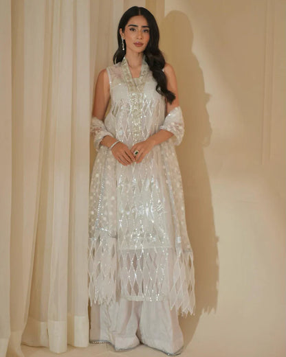 LAJ BY LAJWANTI-ORGANZA HAMNDMADE EMBLISHED EMBROIDERED FRONT SHIRT WITH ORGANZA EMBROIDERED READY TO WEAR DUPATTA-W.J-1322