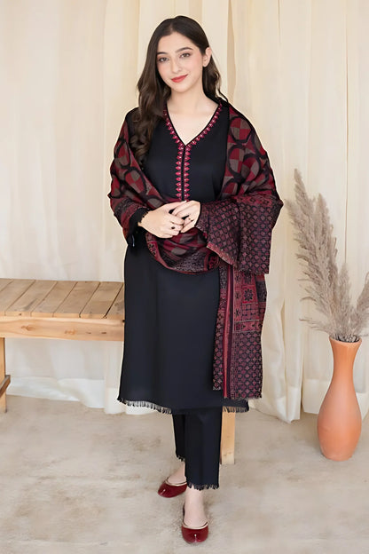 ASLING 3PC DHANAK EMBROIDERED WITH WOOL PRINT SHAWL-W.J-1205