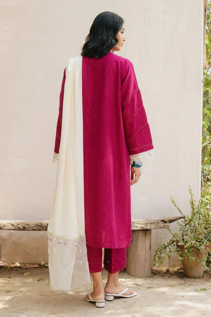 ZARASHAHJAHAN-3PC DHANAK EMBROIDERED SHIRT WITH COTTON NET EMBROIDERED DUPATTA AND TROUSER-W.J-1909