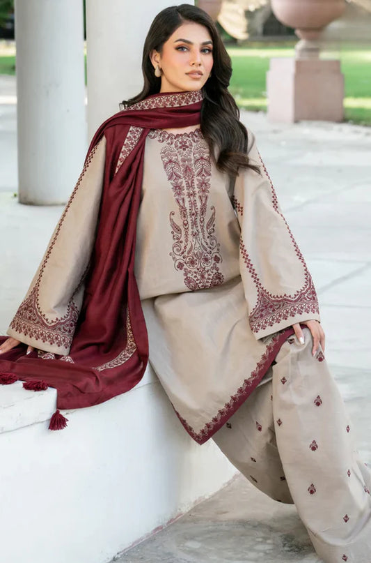 BAROQUE-3PC DHANAK EMBROIDERED SHIRT WITH DHANAK EMBROIDERED SHAWL AND EMB TROUSER-W.J-2002