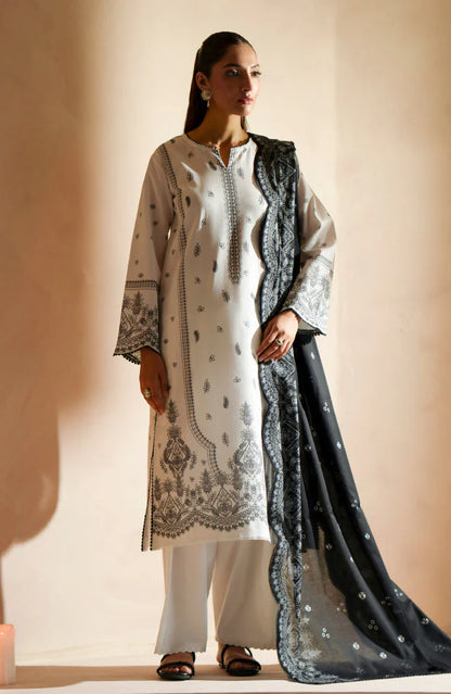 SERAN - 3PC DHANAK EMBROIDERED SHIRT WITH DHA COUTURE WOOL PRINT SHAWL AND TROUSER-W.J-1256