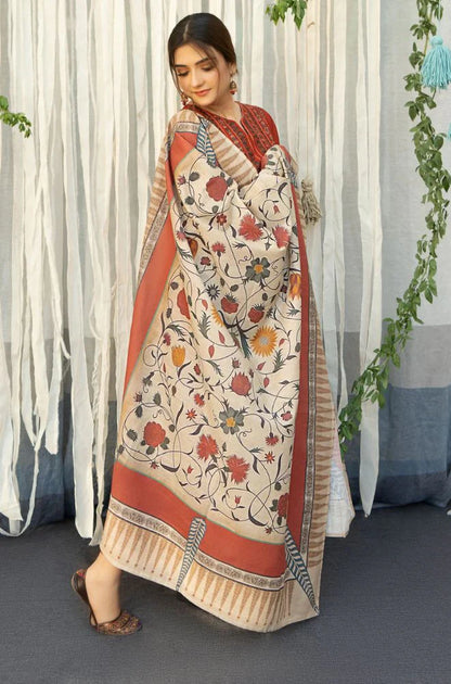 URGE - 3PC DHANAK EMBROIDERED SHIRT WITH COUTURE WOOL PRINT SHAWL AND TROUSER-W.J-1183