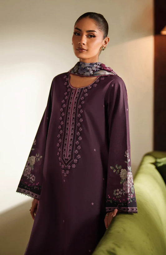 SERAN-3PC DHANAK EMBROIDERED SHIRT WITH COURTRAI PRINTED SHAWL & TROUSER-W.J-2030