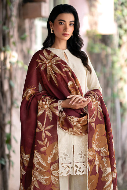 JAZMIN- 3PC DHANAK EMBROIDERED SHIRT WITH WOOL PRINT SHAWL AND TROUSER-W.J-1034