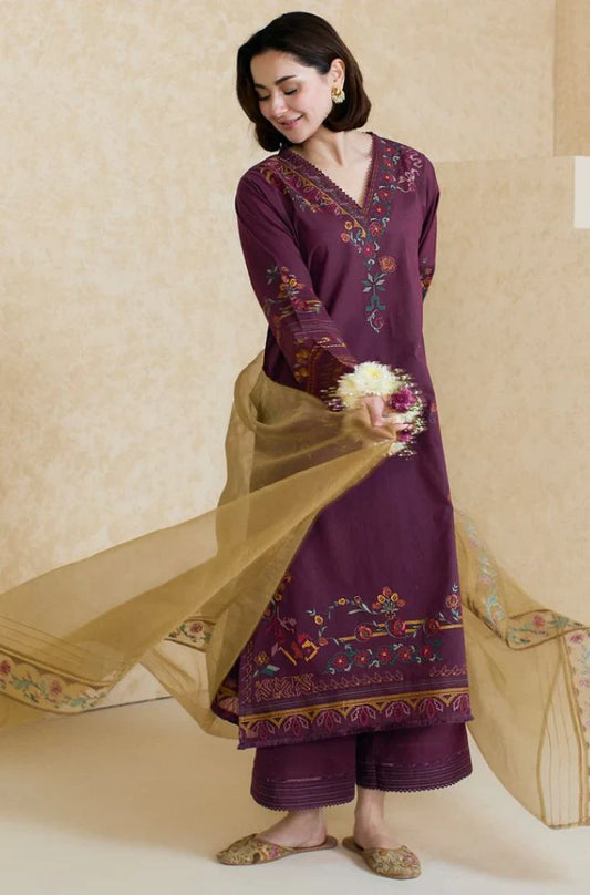 ZARA SHAHJAHAN - 3PC LAWN EMBROIDERED SHIRT WITH ORGANZA EMBROIDERED DUPATTA AND TROUSER -W.J-1792