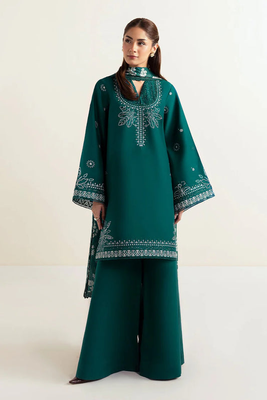 AFROZEH-3PC DHANAK EMBROIDERED SHIRT WITH COURTRAI PRINTED SHAWL AND TROUSER-W.J-2028