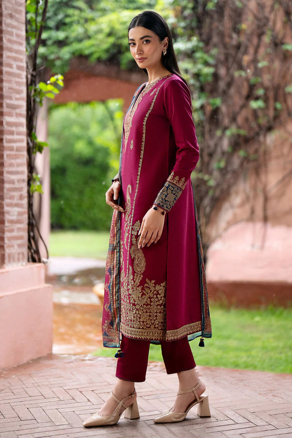 JAZMIN- 3PC DHANAK EMBROIDERED SHIRT WITH WOOL PRINT SHAWL AND TROUSER-W.J-1027