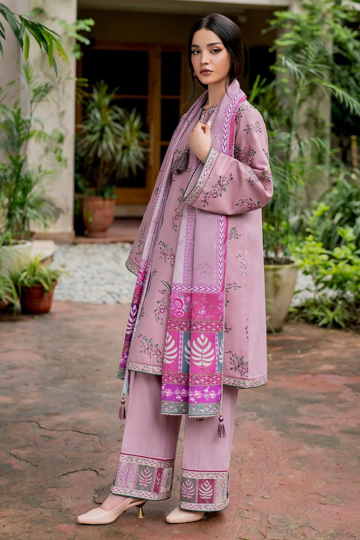 JAZMIN-3PC DHANAK EMBROIDRED SHIRT WITH WOOL PRINT SHAWL AND TROUSER-W.J-1040