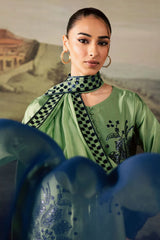NUREH-3PC SHAMOZE SILK PRINTED EMBROIDERED SHIRT WITH SOFT SILK PRINTED EMB DUPATTA & TROUSER W.J-9004