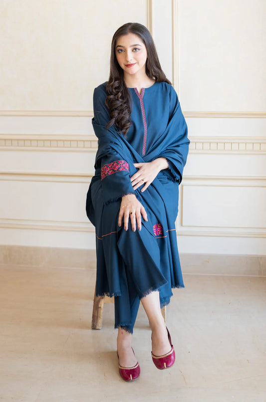 AISLING-3PC DHANAK EMBROIDERED SHIRT WITH DHANAK EMBROIDERED SHAWL & TROUSER-W.J-1791