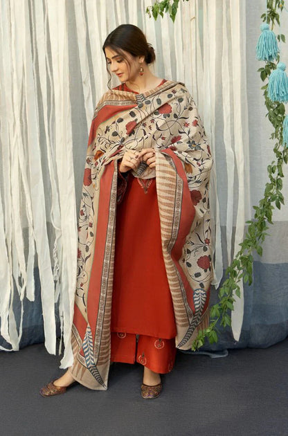 URGE - 3PC DHANAK EMBROIDERED SHIRT WITH COUTURE WOOL PRINT SHAWL AND TROUSER-W.J-1183
