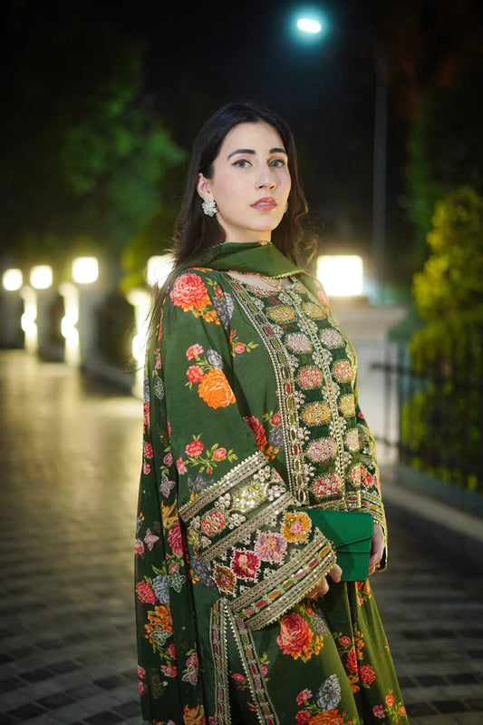 BAROQUE-3PC SHAMOZE SILK PRINTED EMBROIDERED SHIRT WITH SOFT SILK PRINTED EMB DUPATTA & PRINTED TROUSER-W.J-2057