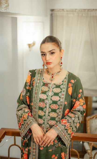 BAROQUE-3PC SHAMOZE SILK PRINTED EMBROIDERED SHIRT WITH SOFT SILK PRINTED EMB DUPATTA & PRINTED TROUSER-W.J-2057